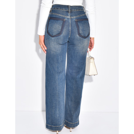 Jeans coupe droite à délavage contrastant