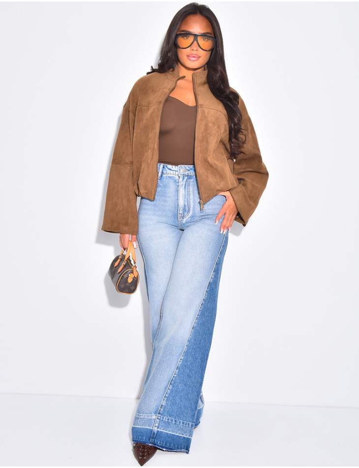 Jeans coupe large délavé à empiècements en jeans contrastants