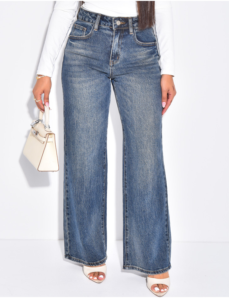 Jeans coupe droite taille haute à délavage vintage
