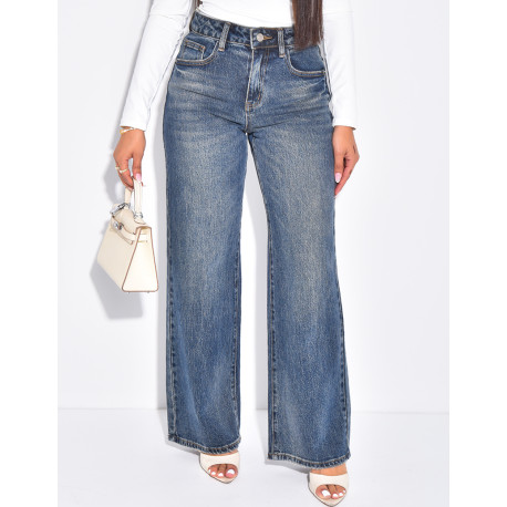 Jeans coupe droite taille haute à délavage vintage