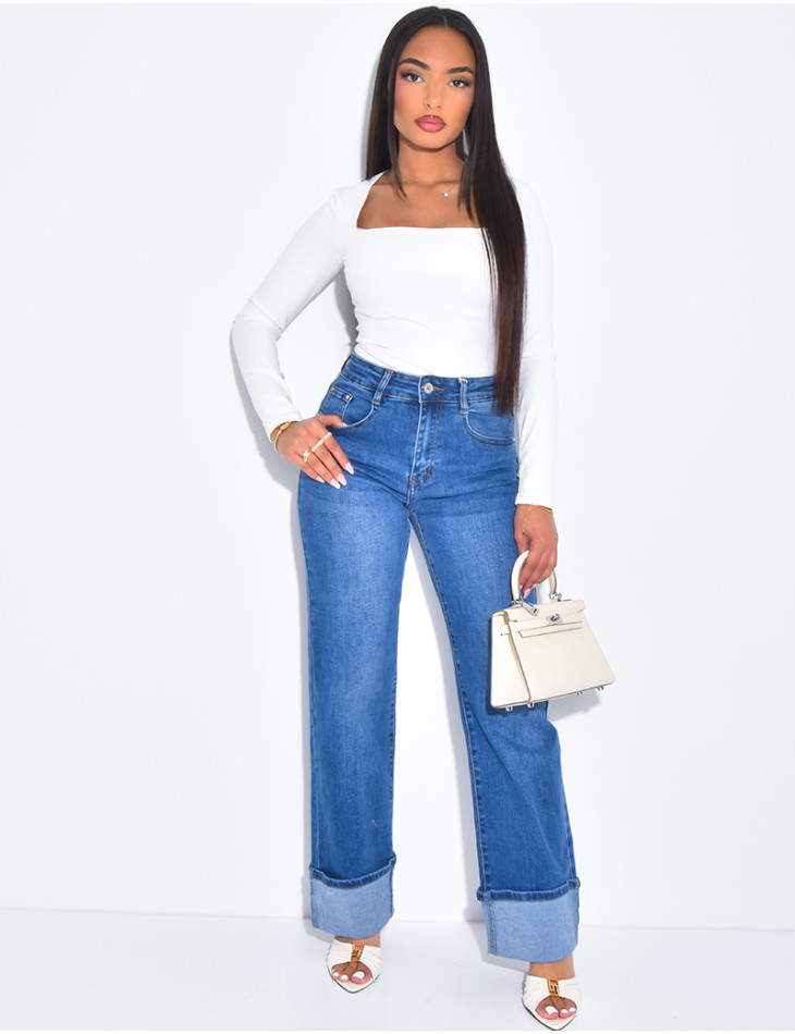 Straight-cut stretchy jeans with ankle turn-ups