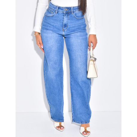 Jeans coupe ballon bleu délavé en tissu stretch