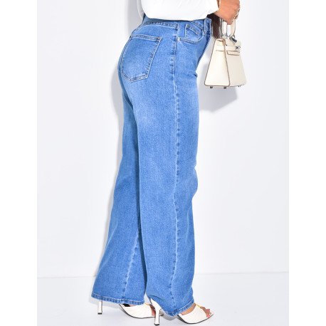 Jeans coupe ballon bleu délavé en tissu stretch