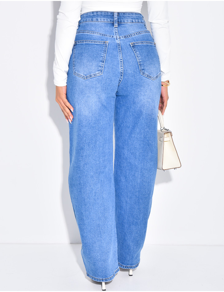 Jeans coupe ballon bleu délavé en tissu stretch