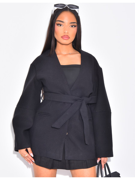 Balloon sleeve coat with tie waist