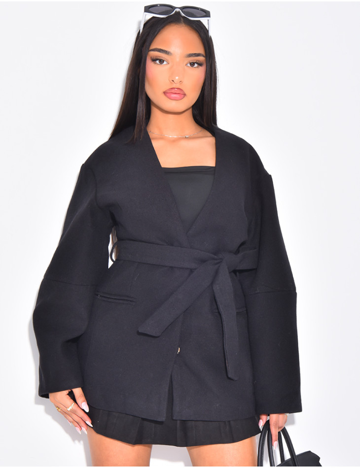 Balloon sleeve coat with tie waist