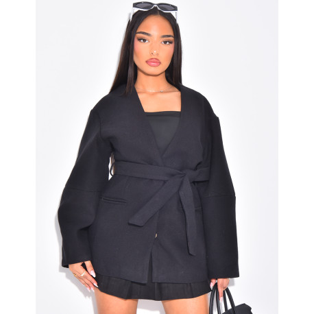 Balloon sleeve coat with tie waist