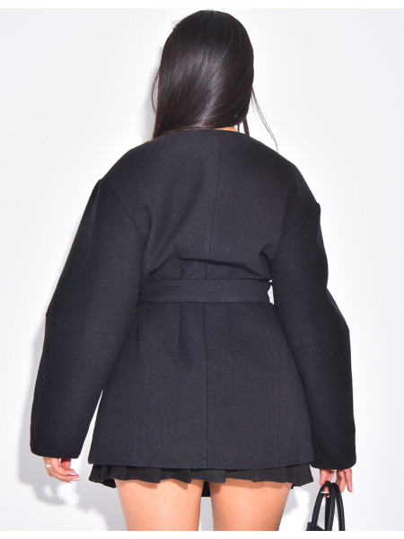Balloon sleeve coat with tie waist