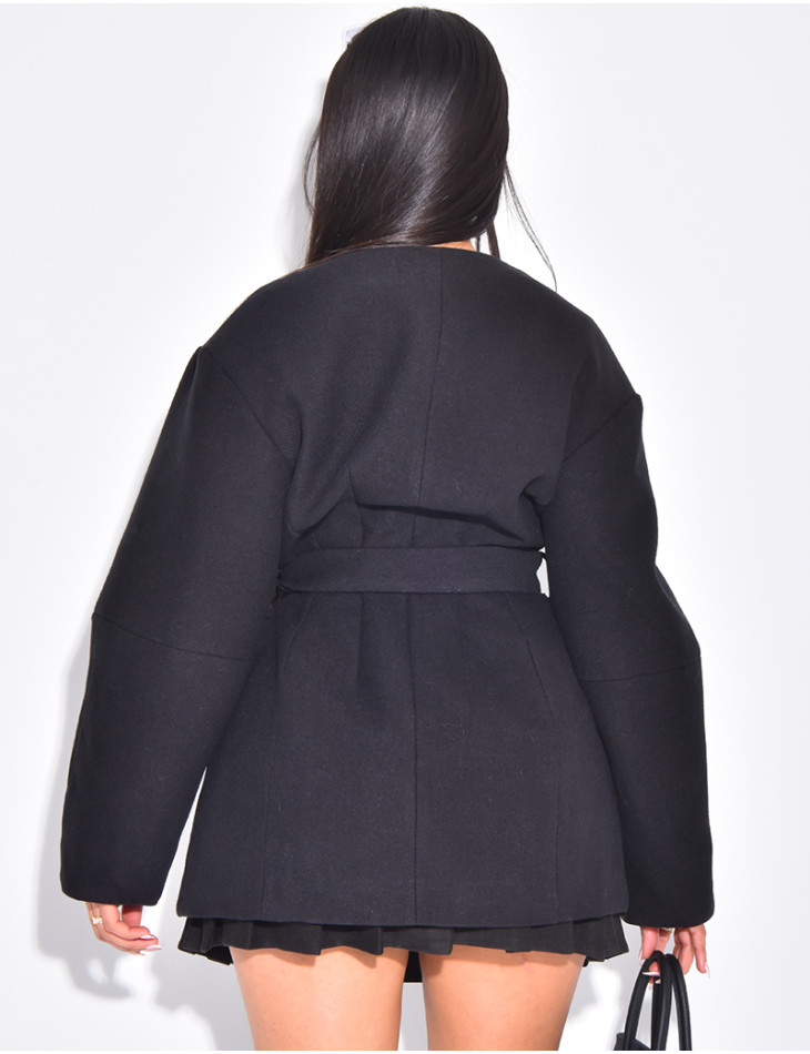Balloon sleeve coat with tie waist