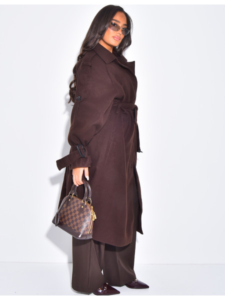 Langer Trenchcoat aus Filz mit Gürtel in der Taille