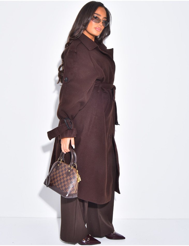 Langer Trenchcoat aus Filz mit Gürtel in der Taille