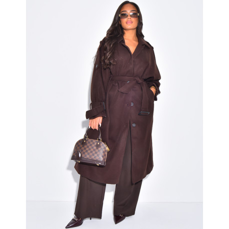 Langer Trenchcoat aus Filz mit Gürtel in der Taille