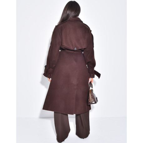 Langer Trenchcoat aus Filz mit Gürtel in der Taille