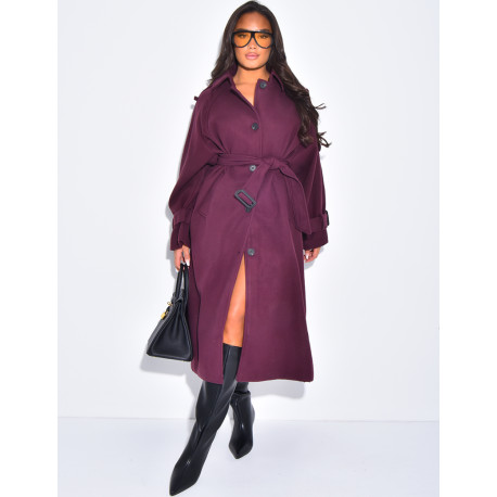 Langer Trenchcoat aus Filz mit Gürtel in der Taille