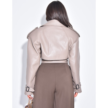 Short, oversized faux leather perfecto jacket with belt at the waist