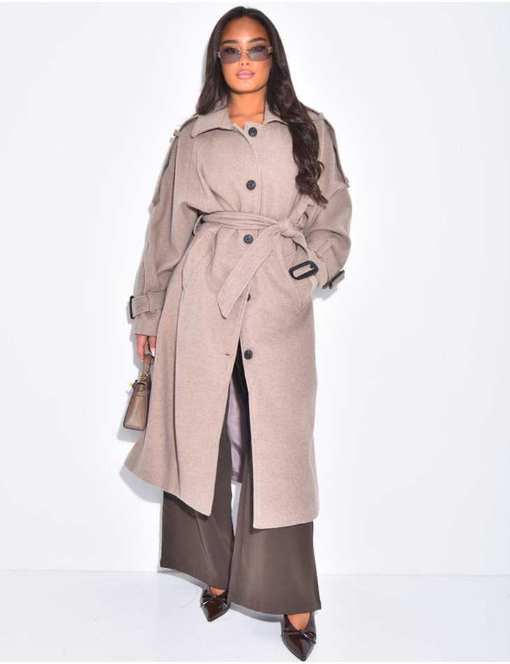 Langer Trenchcoat aus Filz mit Gürtel in der Taille