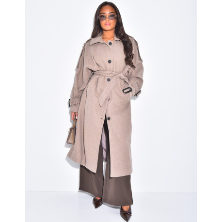 Langer Trenchcoat aus Filz mit Gürtel in der Taille