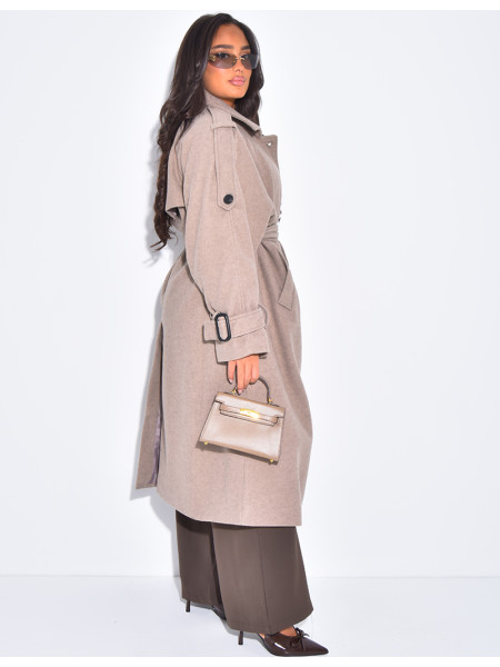Langer Trenchcoat aus Filz mit Gürtel in der Taille