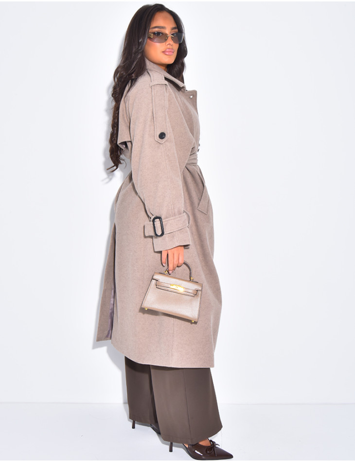 Langer Trenchcoat aus Filz mit Gürtel in der Taille