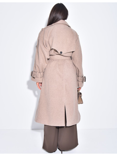 Langer Trenchcoat aus Filz mit Gürtel in der Taille