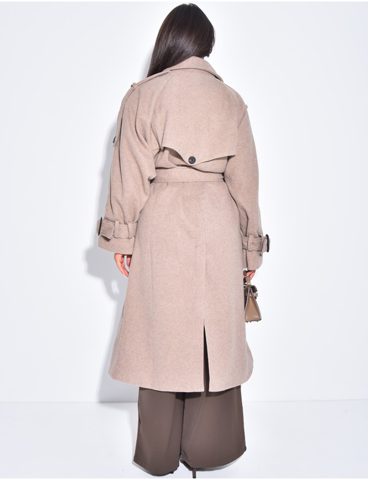 Langer Trenchcoat aus Filz mit Gürtel in der Taille