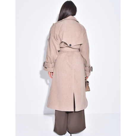 Langer Trenchcoat aus Filz mit Gürtel in der Taille