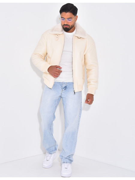 Veste en similicuir avec fourrure au col