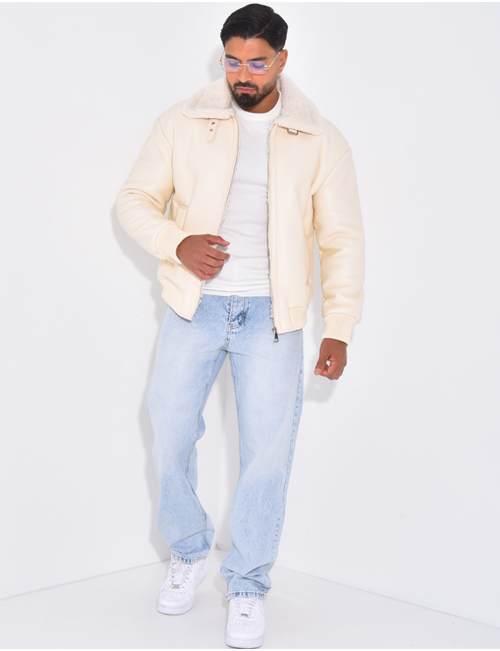 Veste en similicuir avec fourrure au col