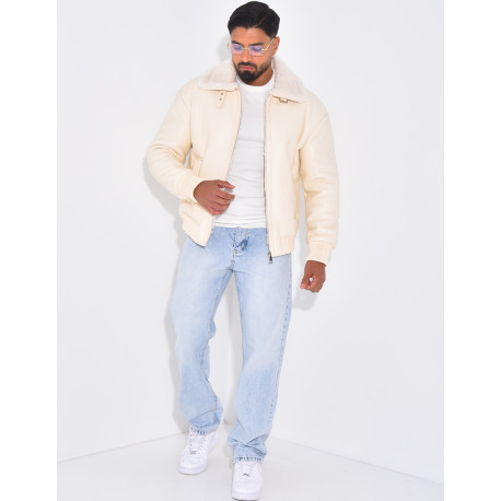 Veste en similicuir avec fourrure au col