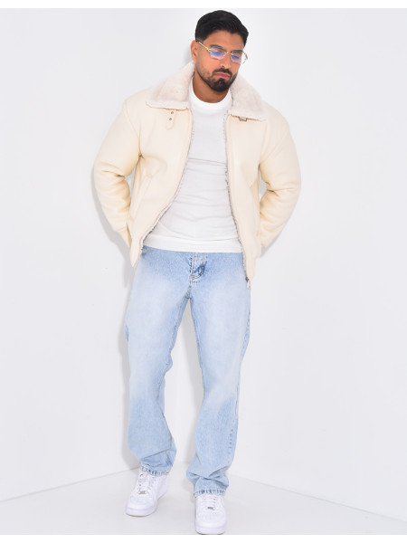 Veste en similicuir avec fourrure au col