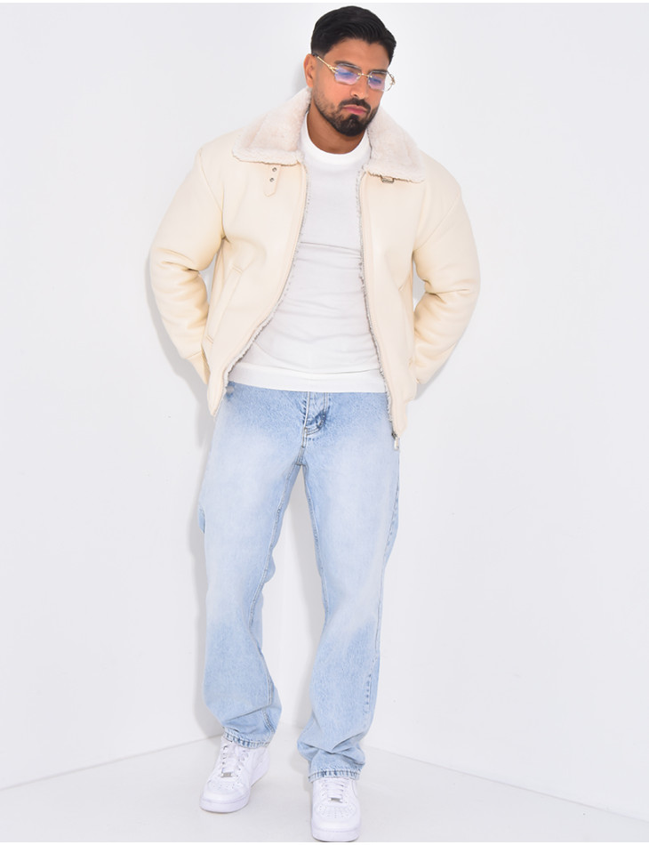 Veste en similicuir avec fourrure au col