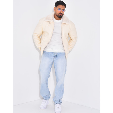 Veste en similicuir avec fourrure au col