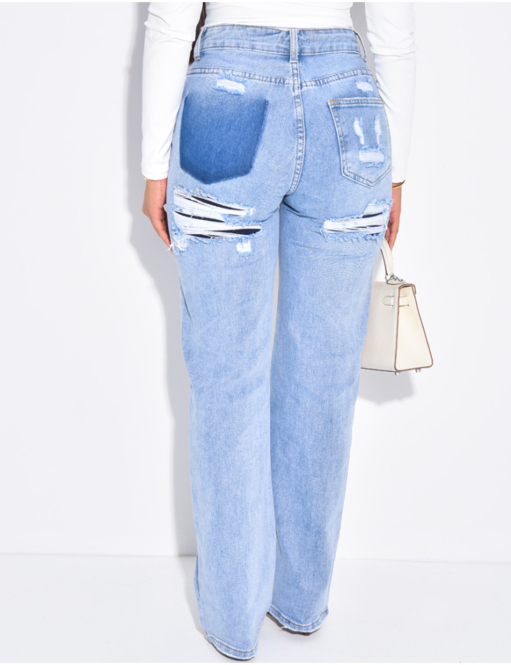 Jeans coupe droite stretchy effet destroy sur l'arrière