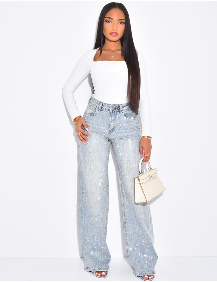 Jeans coupe droite à strass scintillant