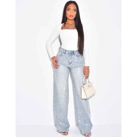 Jeans coupe droite à strass scintillant