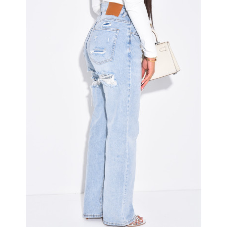 Jeans coupe droite stretchy effet destroy  & strass sur l'arrière