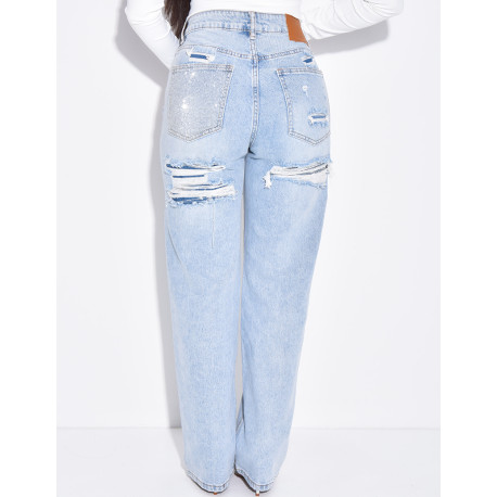 Jeans coupe droite stretchy effet destroy  & strass sur l'arrière