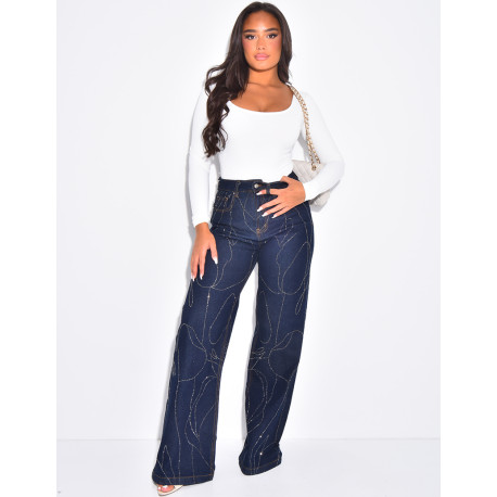 Jeans coupe large bleu brut à strass