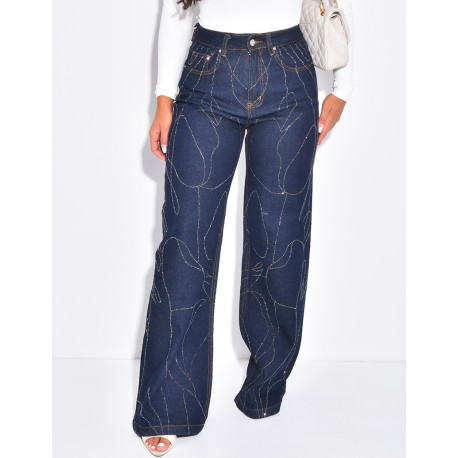 Jeans coupe large bleu brut à strass