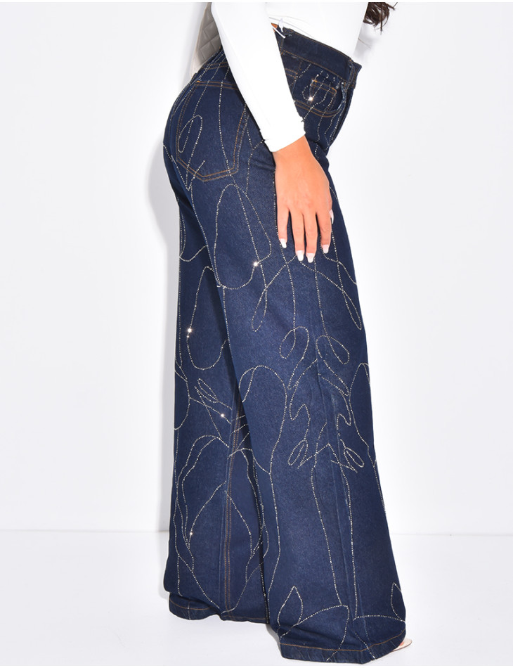 Raw blue wide-leg jeans with rhinestones