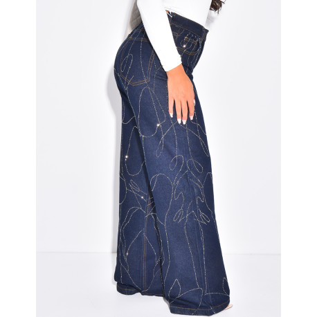 Raw blue wide-leg jeans with rhinestones