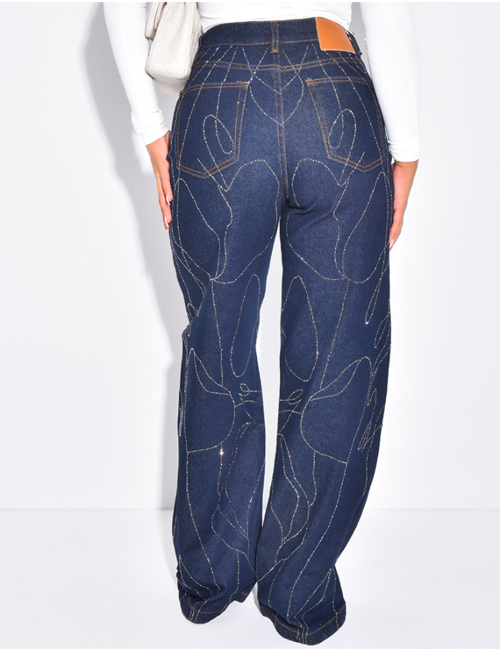 Jeans coupe large bleu brut à strass