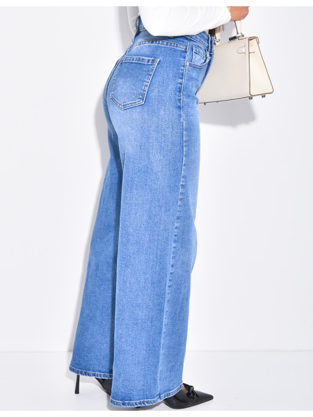 Jeans coupe ballon bleu délavé en tissu stretch