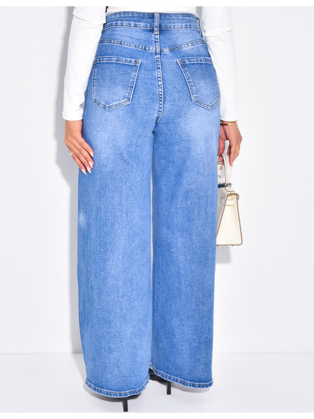 Jeans coupe ballon bleu délavé en tissu stretch