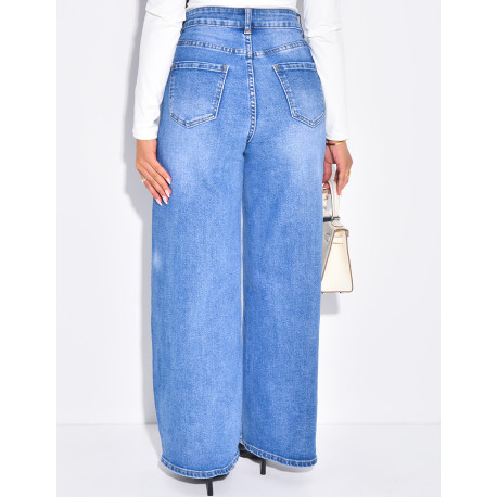 Jeans coupe ballon bleu délavé en tissu stretch