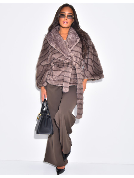 Short faux fur coat with waist belt
