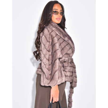 Short faux fur coat with waist belt