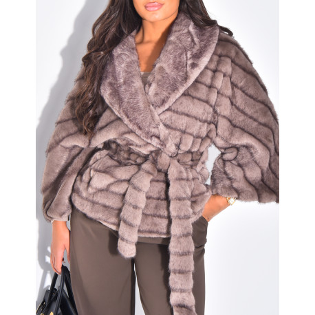 Short faux fur coat with waist belt