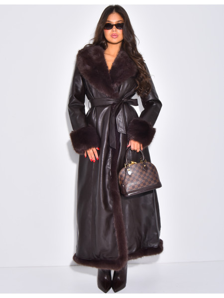 Sehr langer Mantel aus Kunstleder mit Kunstfellbesatz