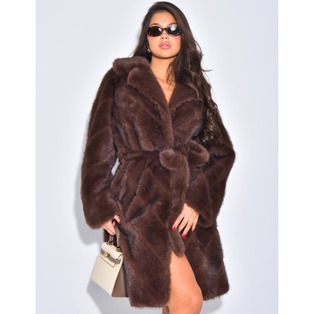 Long faux fur coat with belt